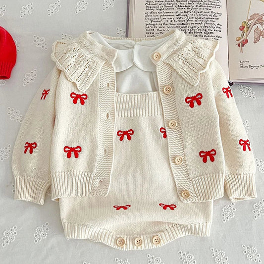 Red Bow Knitted Baby Romper & Cardigan Set