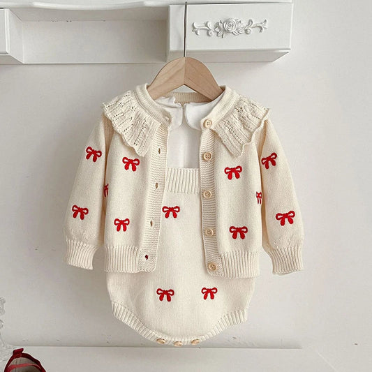 Red Bow Knitted Baby Romper & Cardigan Set