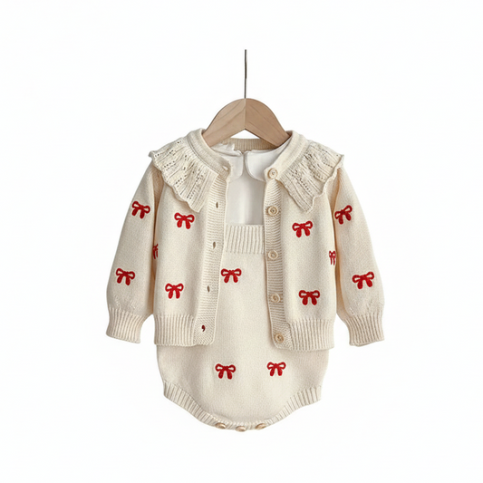 Red Bow Knitted Baby Romper & Cardigan Set
