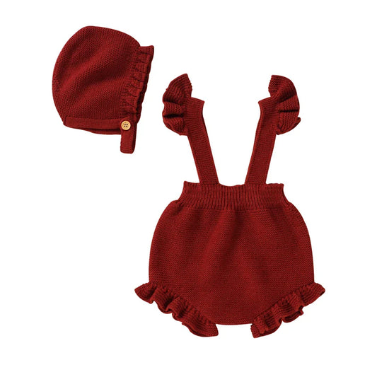 Knitted Ruffled Baby Romper & Bonnet
