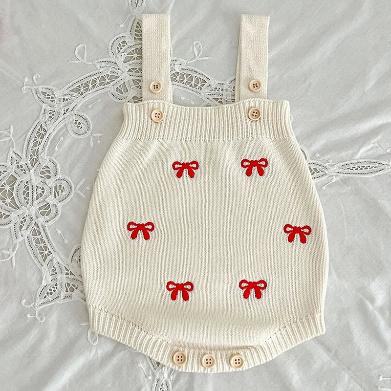 Red Bow Knitted Baby Romper & Cardigan Set