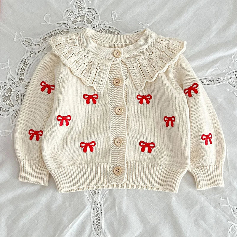 Red Bow Knitted Baby Romper & Cardigan Set