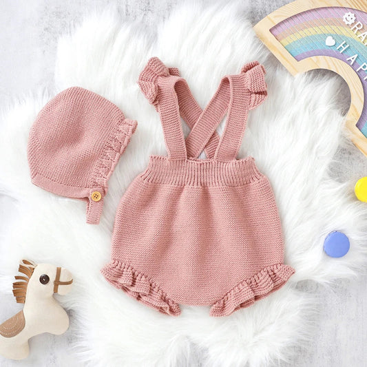 Knitted Ruffled Baby Romper & Bonnet