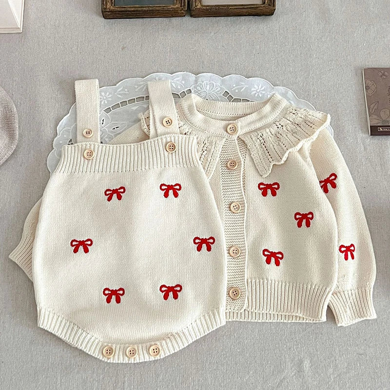 Red Bow Knitted Baby Romper & Cardigan Set