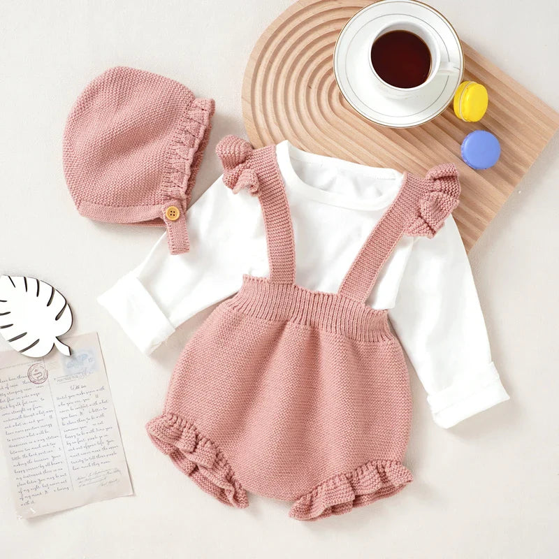Knitted Ruffled Baby Romper & Bonnet