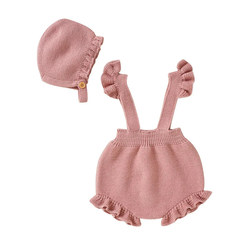 Knitted Ruffled Baby Romper & Bonnet