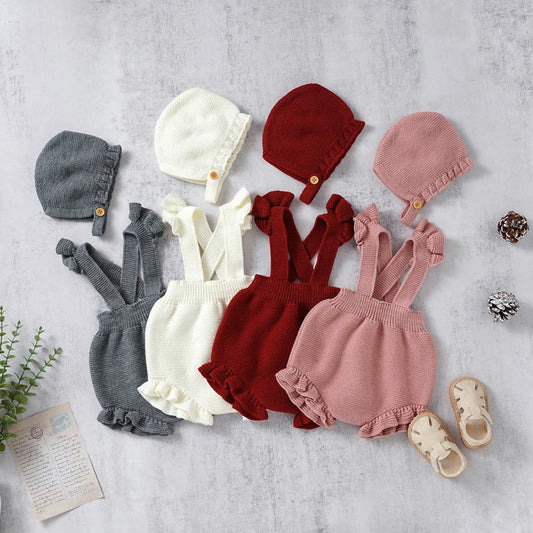 Knitted Ruffled Baby Romper & Bonnet