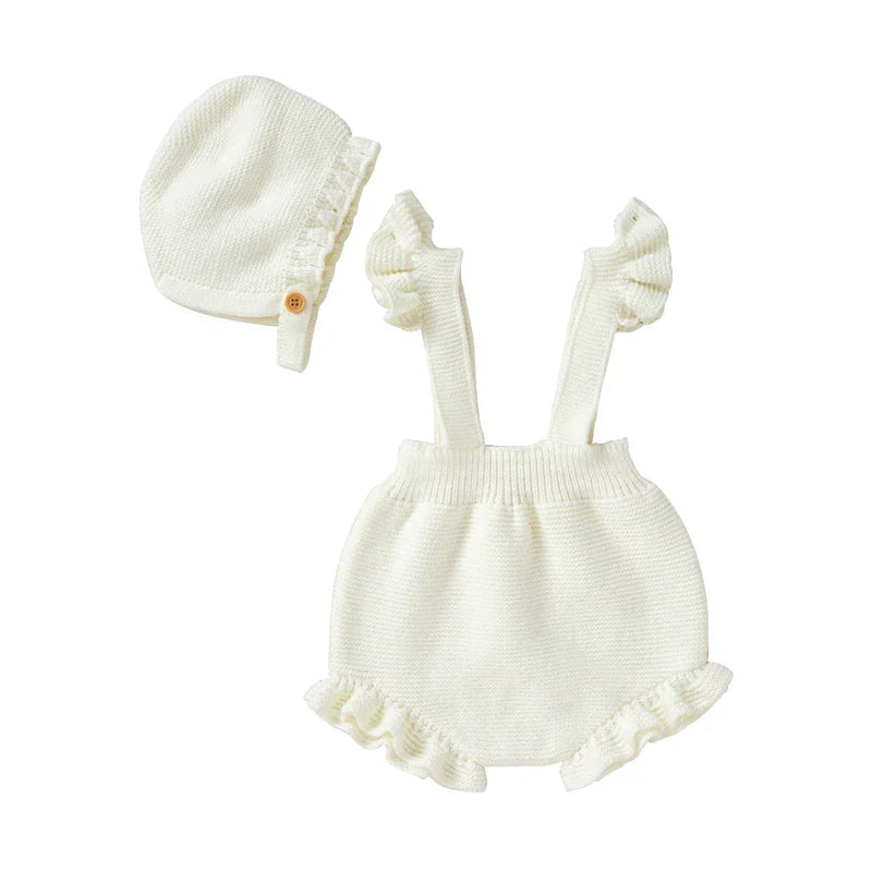 Knitted Ruffled Baby Romper & Bonnet