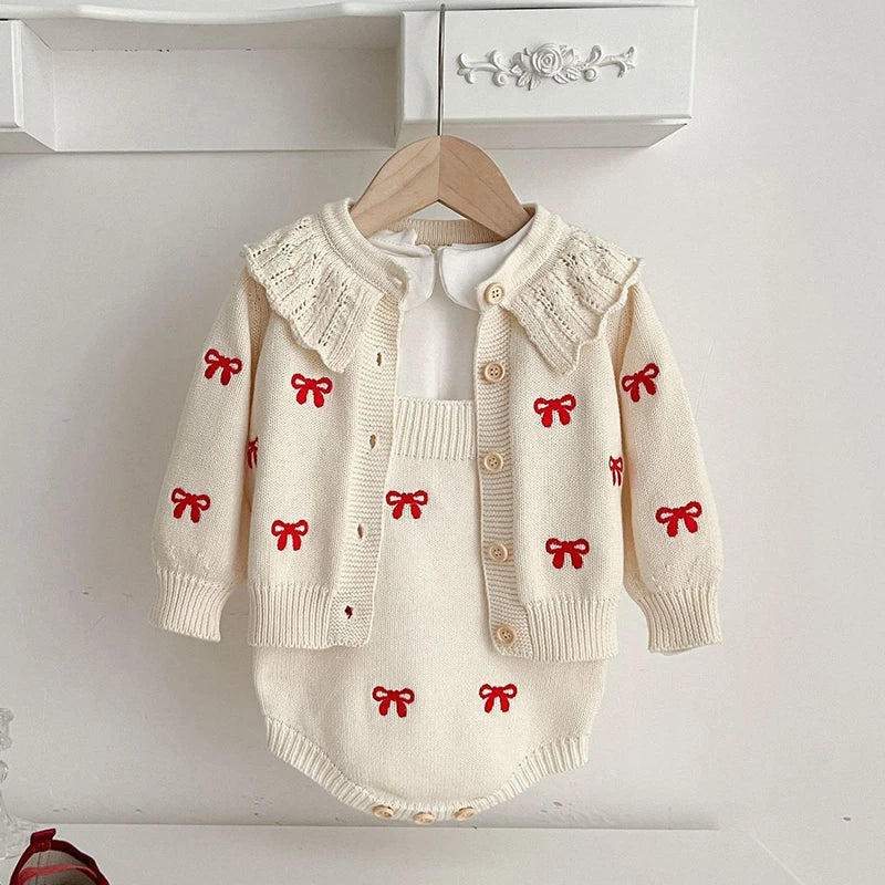 Red Bow Knitted Baby Romper & Cardigan Set
