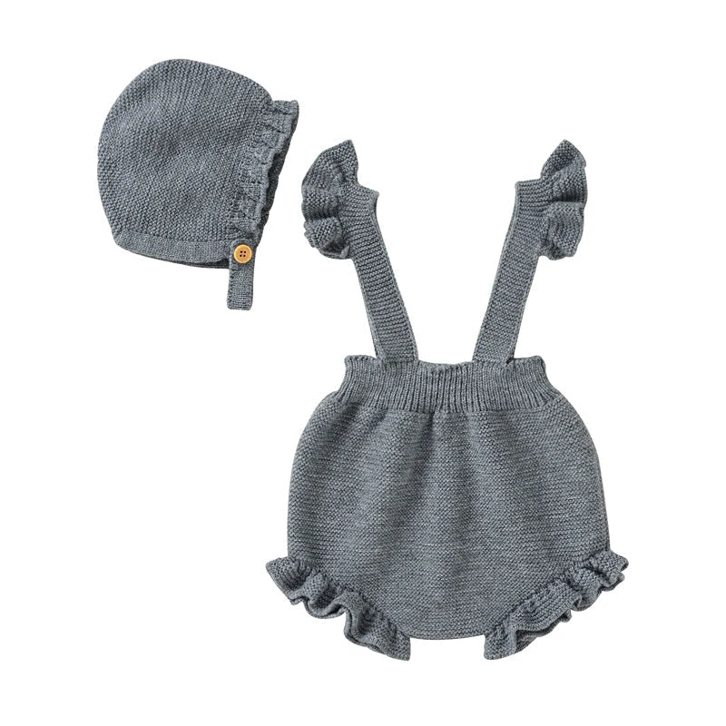 Knitted Ruffled Baby Romper & Bonnet