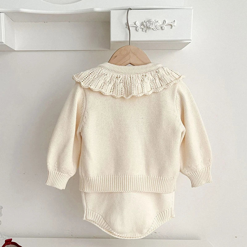 Red Bow Knitted Baby Romper & Cardigan Set