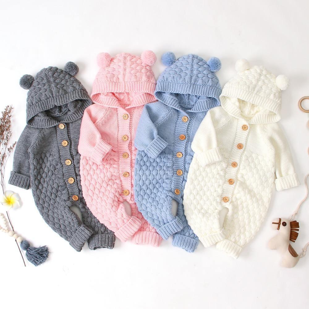 Knitted Bear Baby Romper with Hood & Ears