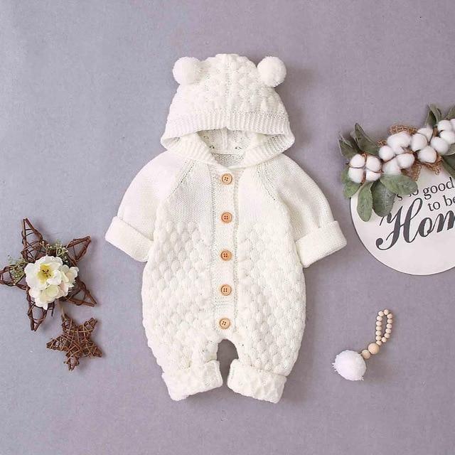 Knitted Bear Baby Romper with Hood & Ears