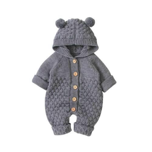 Knitted Bear Baby Romper with Hood & Ears