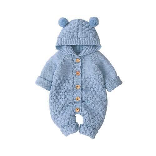 Knitted Bear Baby Romper with Hood & Ears