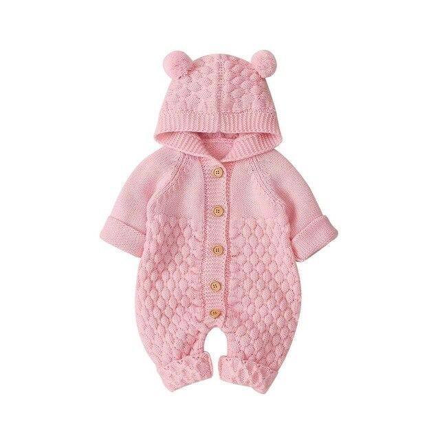 Knitted Bear Baby Romper with Hood & Ears