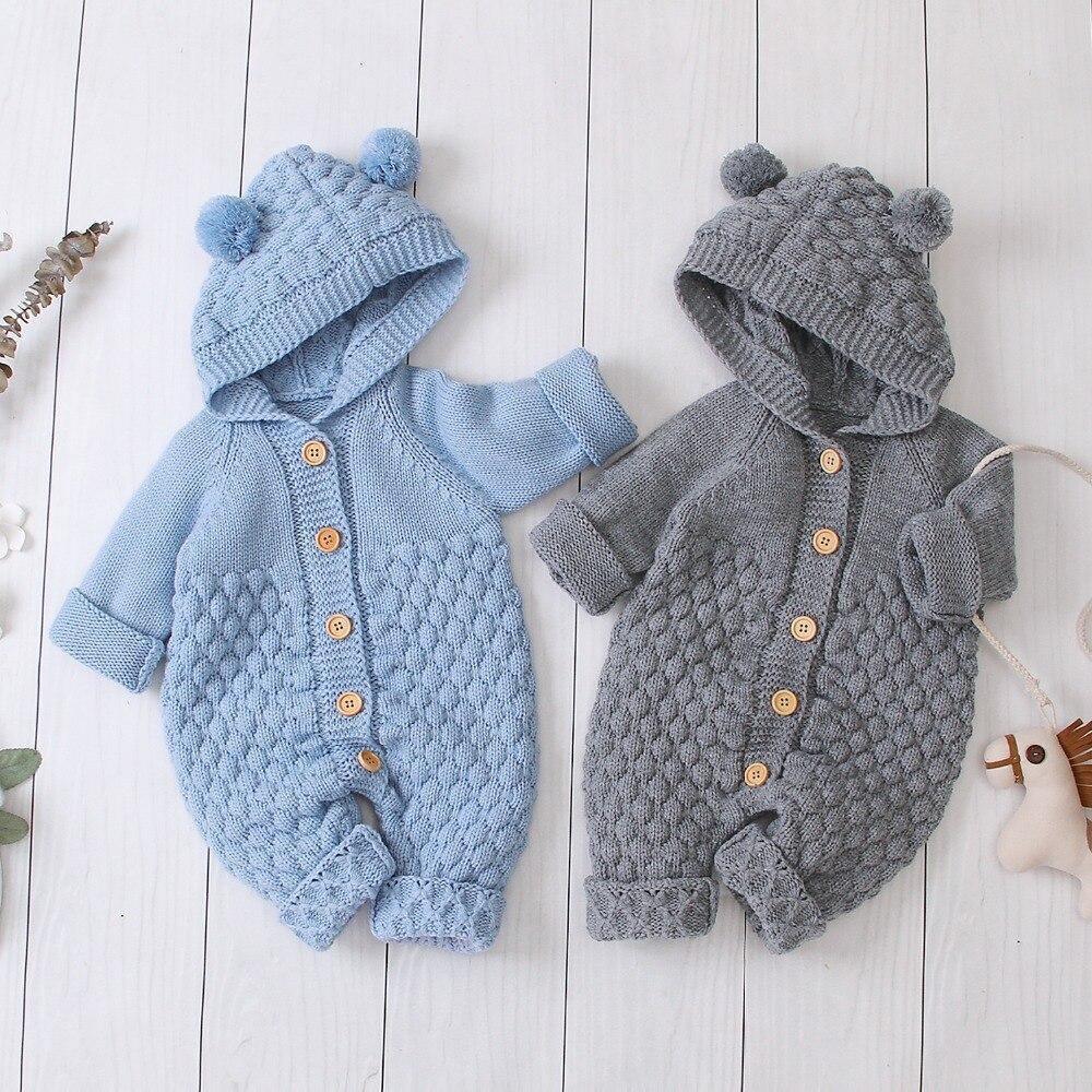 Knitted Bear Baby Romper with Hood & Ears