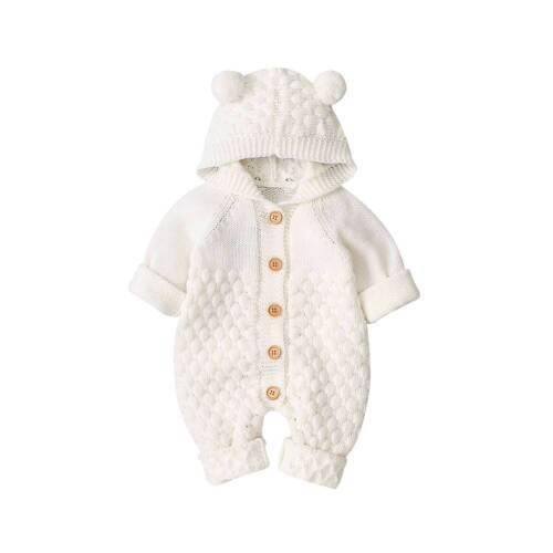 Knitted Bear Baby Romper with Hood & Ears